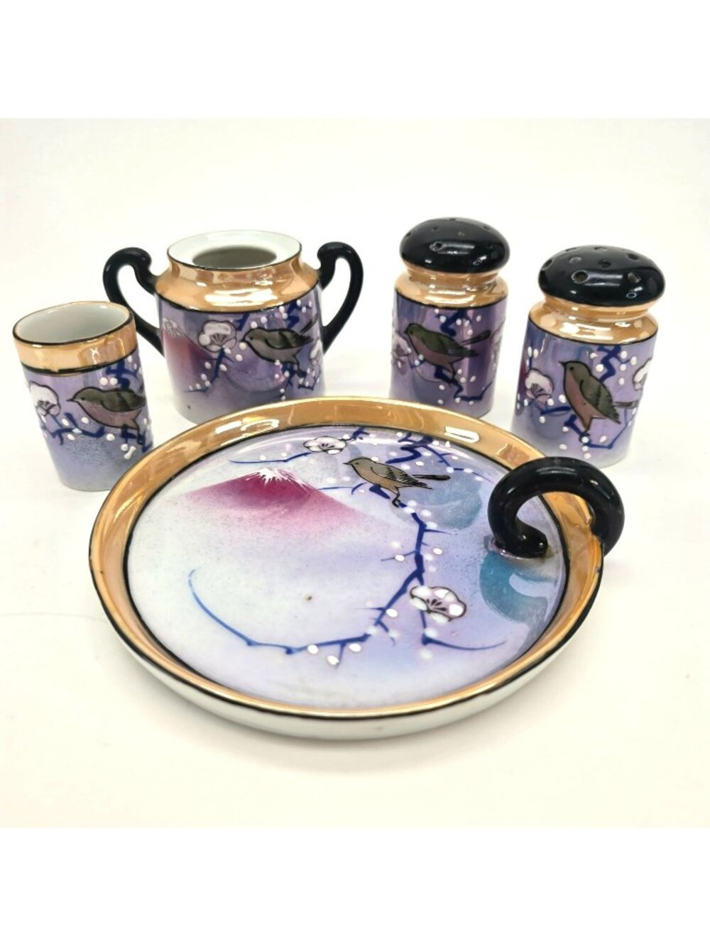Vintage Japanese Lusterware Condiment Set With Bird Flower Mt Fuji Design je159